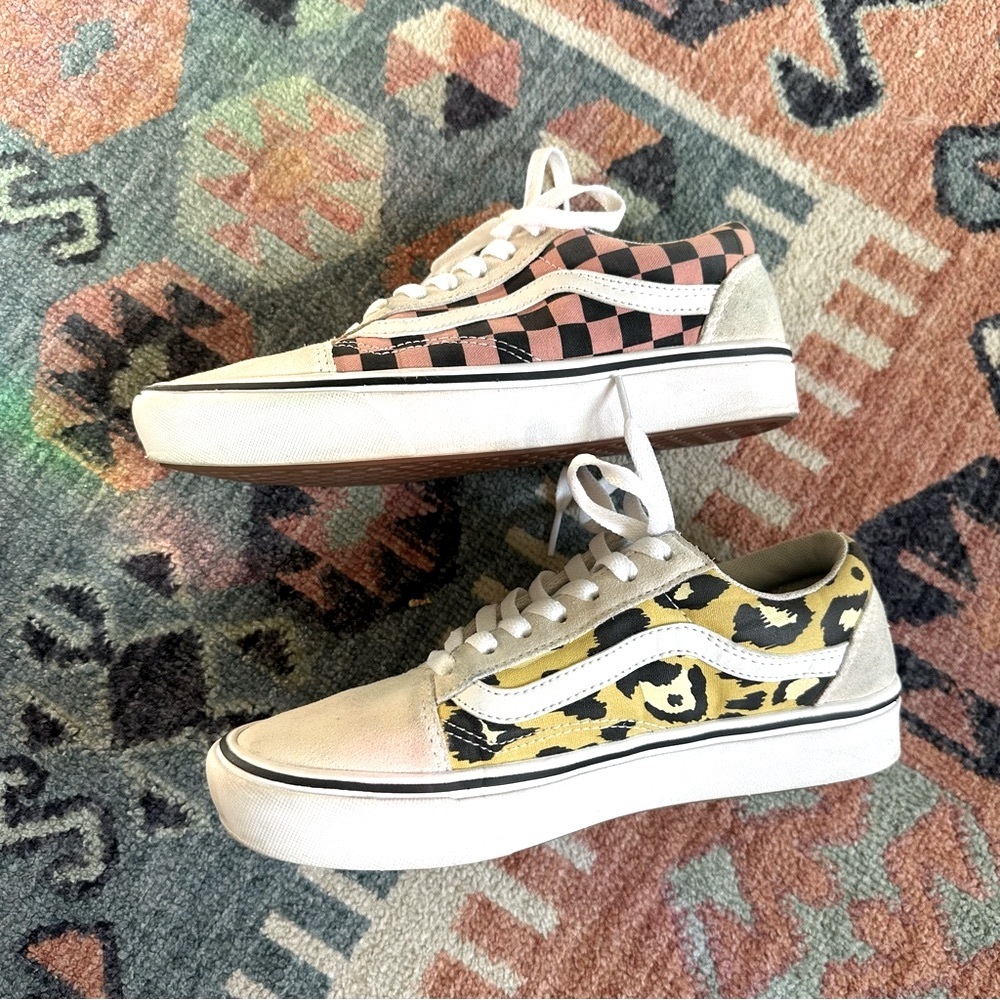 Vans Comfycush Old Skool Mixed Media Pink Checkerboard + Yellow Leopard - Size 7
